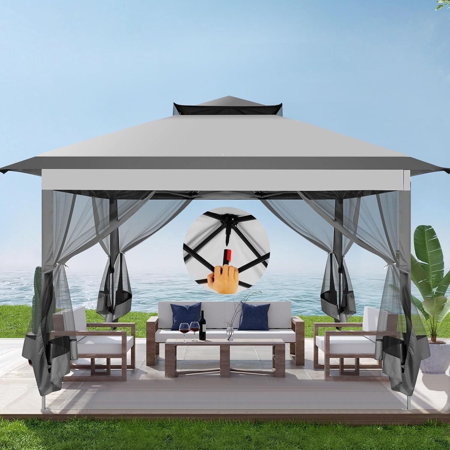 COBIZI 11x11 Pop Up Gazebo One-Push Canopy Tent,Carpas Para Patio, Outdoor Canopy Shelter with Double Roof Ventiation 121 Square Feet of Shade for Lawn, Garden, Backyard and Deck,Gray (Upgraded 2.0)