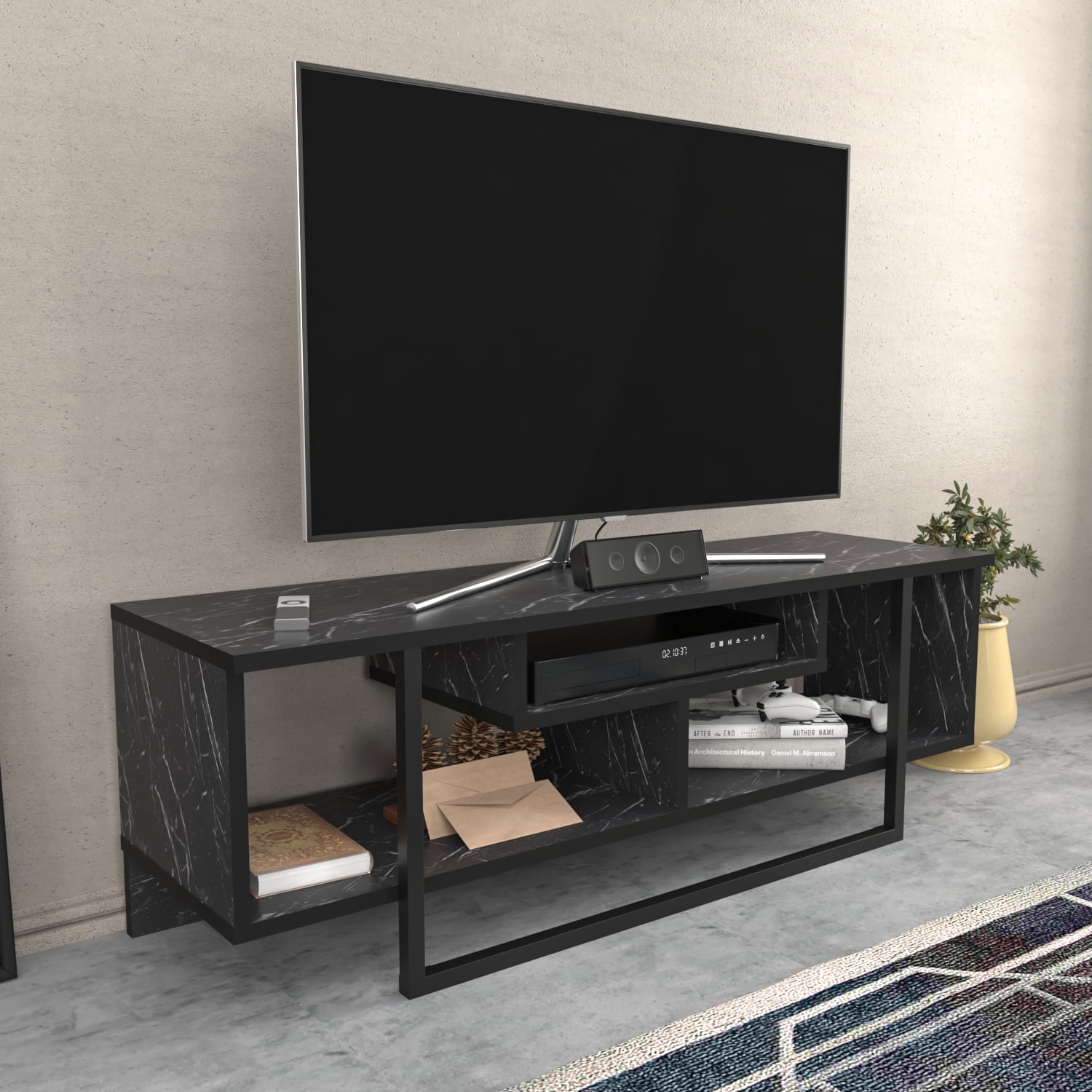 Asal 47" Modern Metal Wood TV Stand for 55 inch TV Marble Black