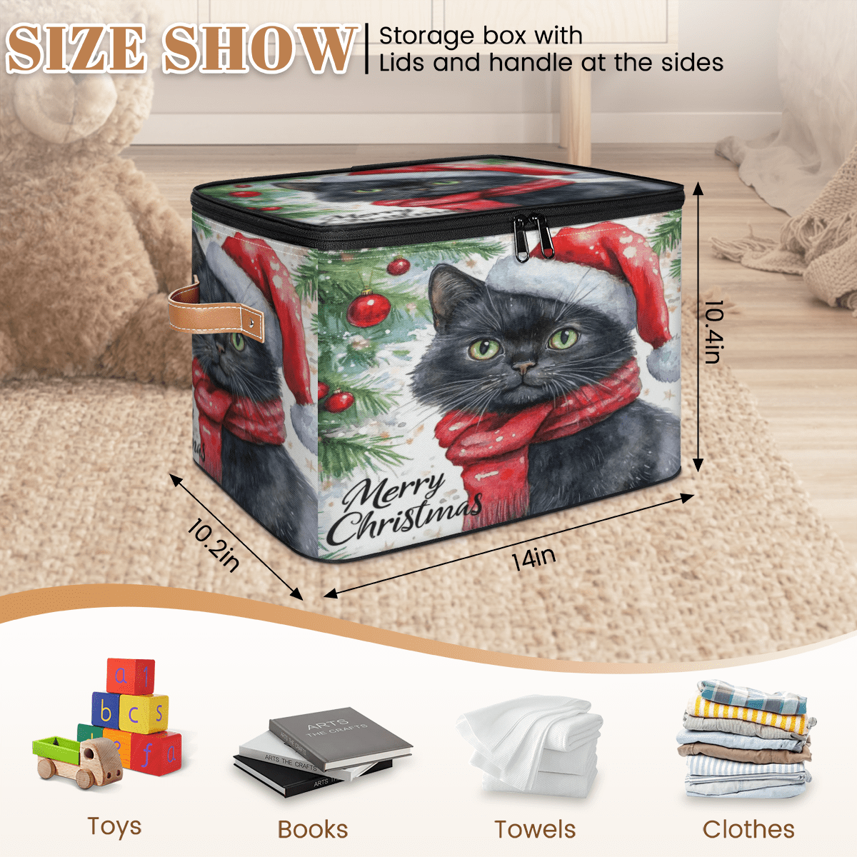 ADECORIVY Black Cat Christmas Storage Bin with Zipper Lid, Fabric Foldable Shelf Baskets Boxes, Closet Lidded Storage Bins, Decorative Clothes Organizer for Bedroom Home