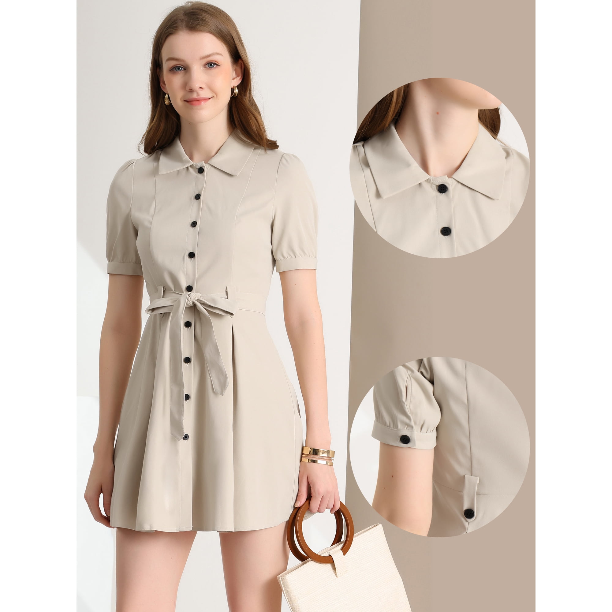 Unique Bargains Women s Puff Sleeve Button Down A line Belted Shirt Dress Khaki XS Walmart