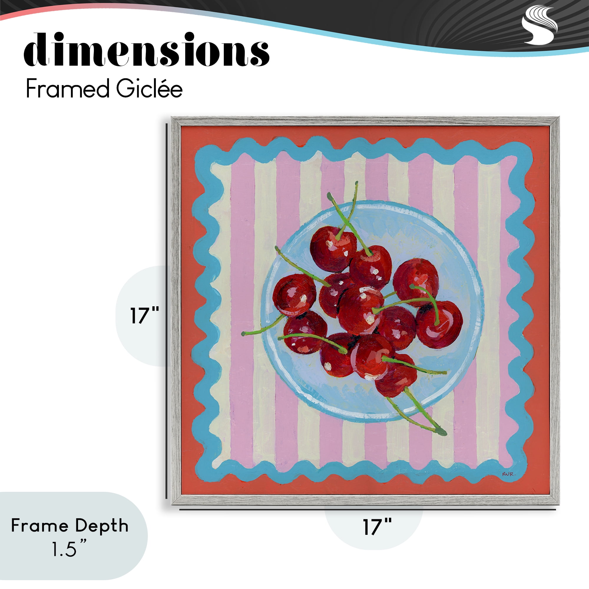 Stupell Industries Red Cherries over Pink Stripes Gray Framed Giclee Art, design by Rachael Reese