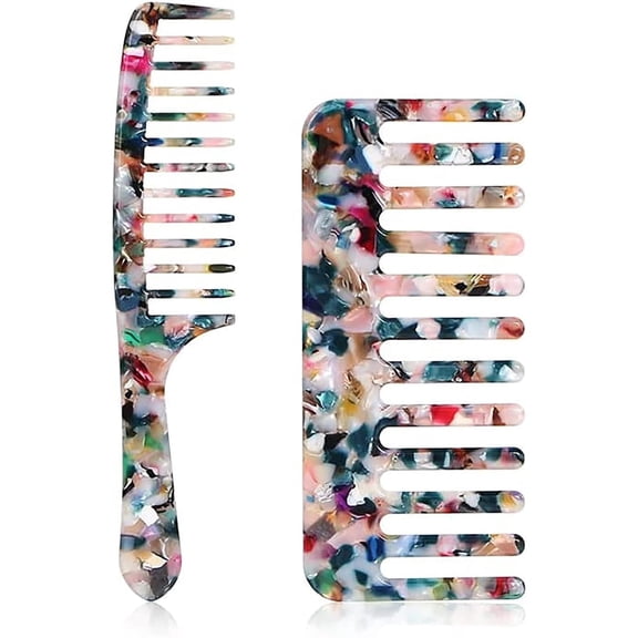 Wide Tooth Comb, Tortoise Cellulose Acetate Round Tooth Anti-static Anti-knot Comb for Detangling Wet, Long, Short, Curly, and Straight Hair (2 Pcs)