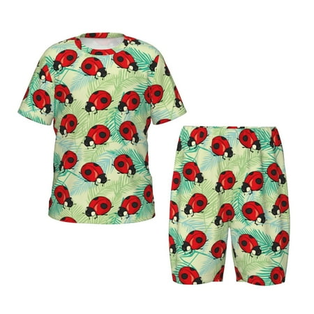 Luyuia Red Ladybugs And Leaf Print Girls  2-Piece Tie-Dye Pajama Set  Cute Summer Loungewear with Shirt and Tank Shorts Nightwear-X-Large