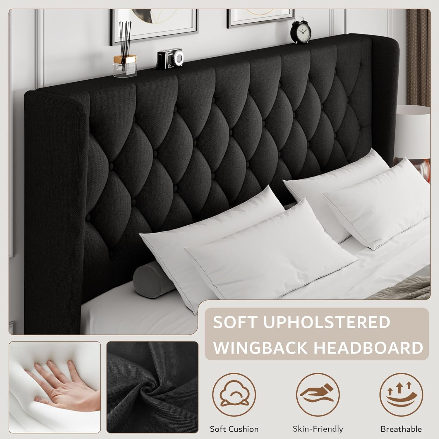 iPormis King Size Bed Frame with Diamond Button Tufted Wingback Headboard, Upholstered Platform Bed Frame with Strong Wood Slat Support, No Box Spring Needed,Black