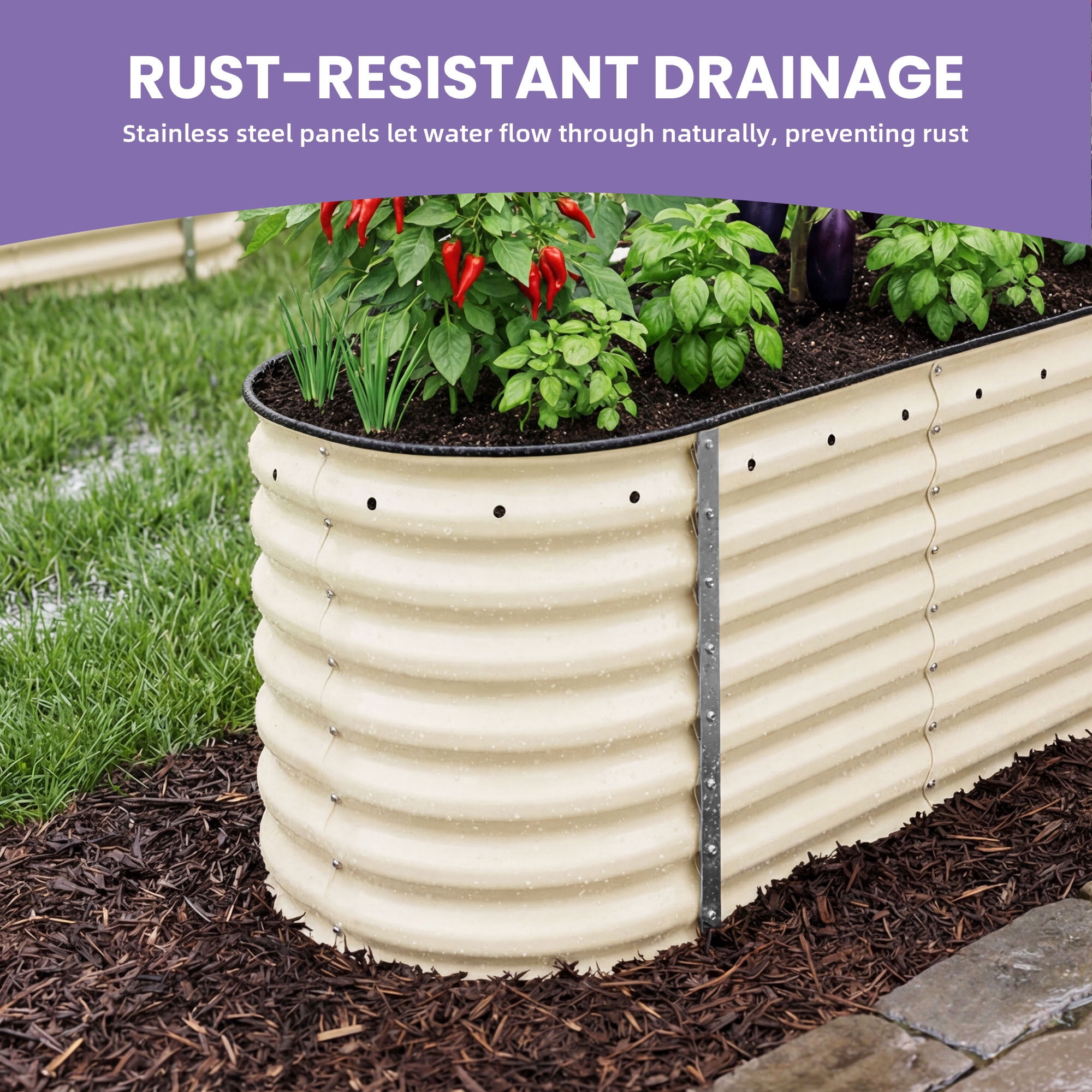 Uforic 8x2x2ft 24" Tall 9 in 1 Large Galvanized Metal Raised Garden Bed Kit,  Outdoor Above Ground Planter Box with Gloves and Safety Rubber for Vegetables Flowers Plants,Cream White