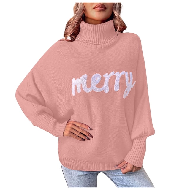 Timegard Chandails pour Femmes Imprimé de Noël Col Haut Manches Longues Hauts Ample Confortable Chandail Automne Hiver