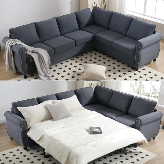 104'' Pull Out Couch, Convertible Sleeper Sofa Bed Queen, Upholstered Sectional Sofa with Mattress, 6-Seater L-Shaped Couch, Modern Sectional Couches for Living Room, Apartment, Studio,Grey