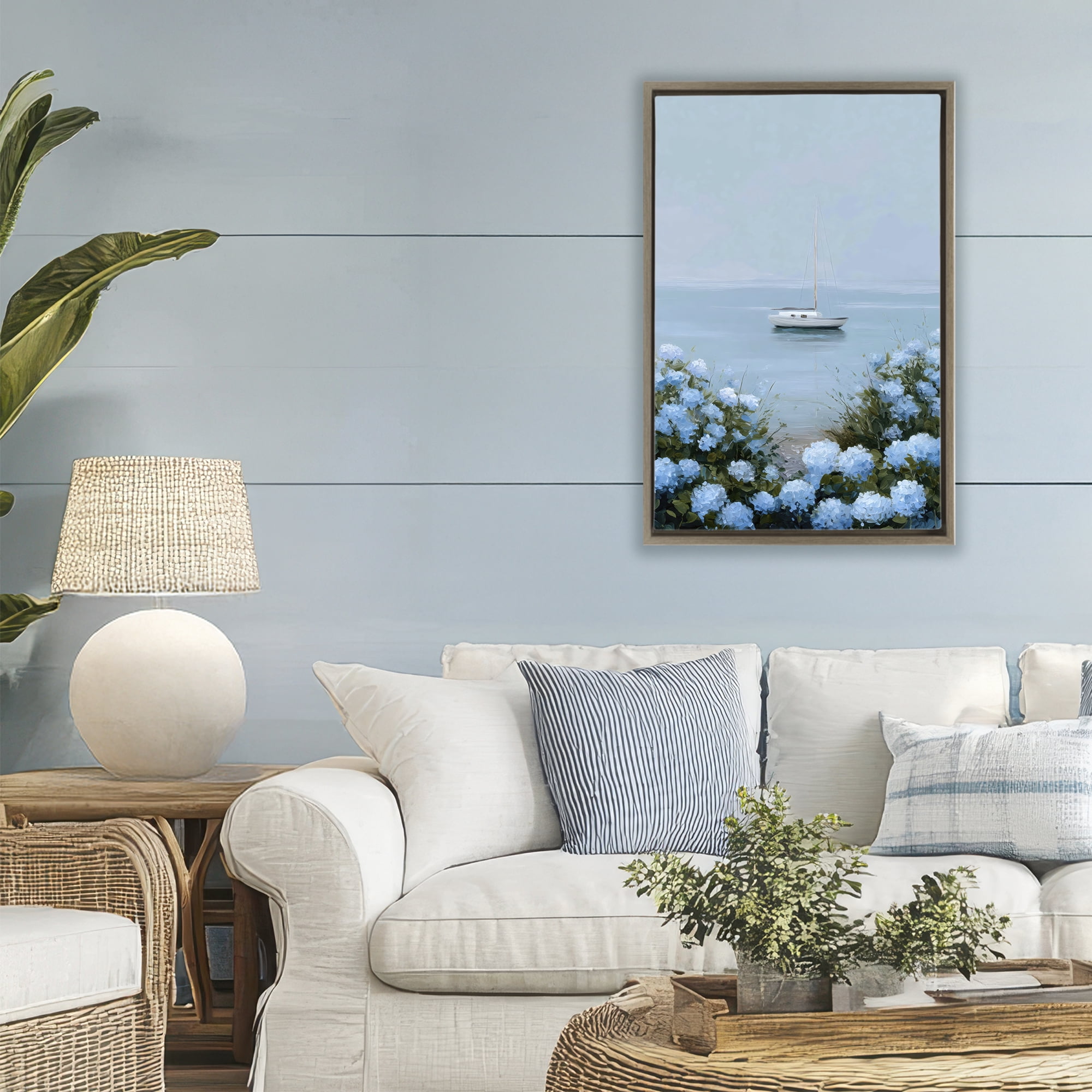 Stupell Industries Yacht in Floral Bay Brown Framed Floater Canvas Wall Art, design by Petal Prints Design