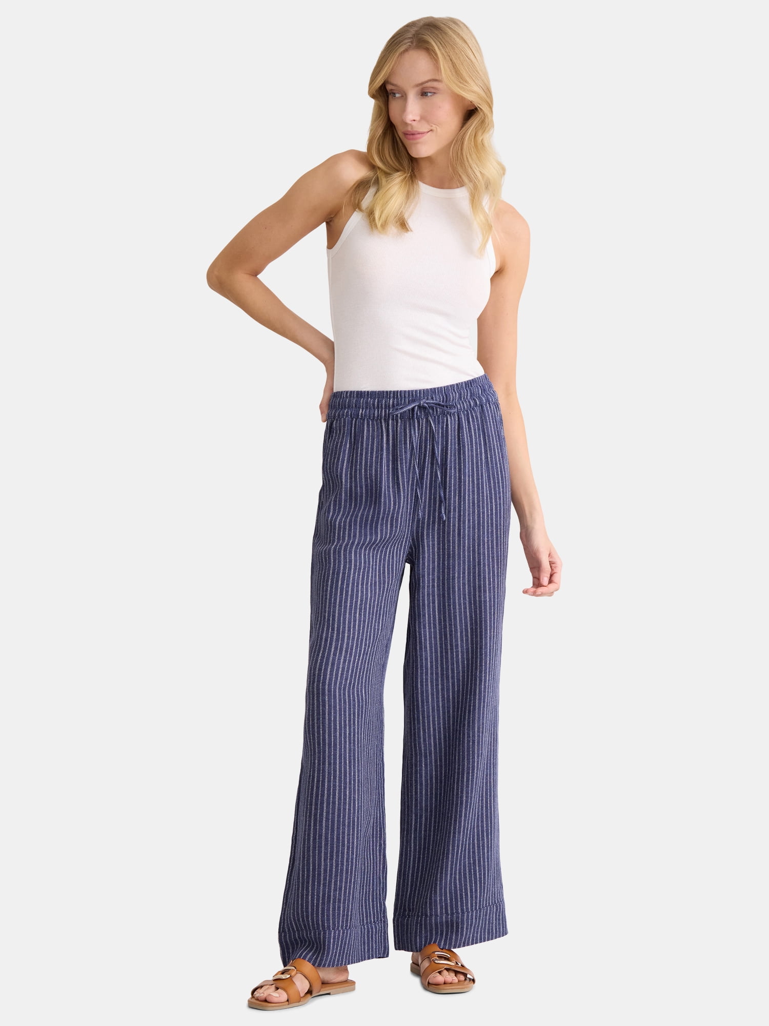 Time and Tru Women's and Women's Plus Wide Leg Linen Blend Pants, 29" Inseam, Sizes XS-4X