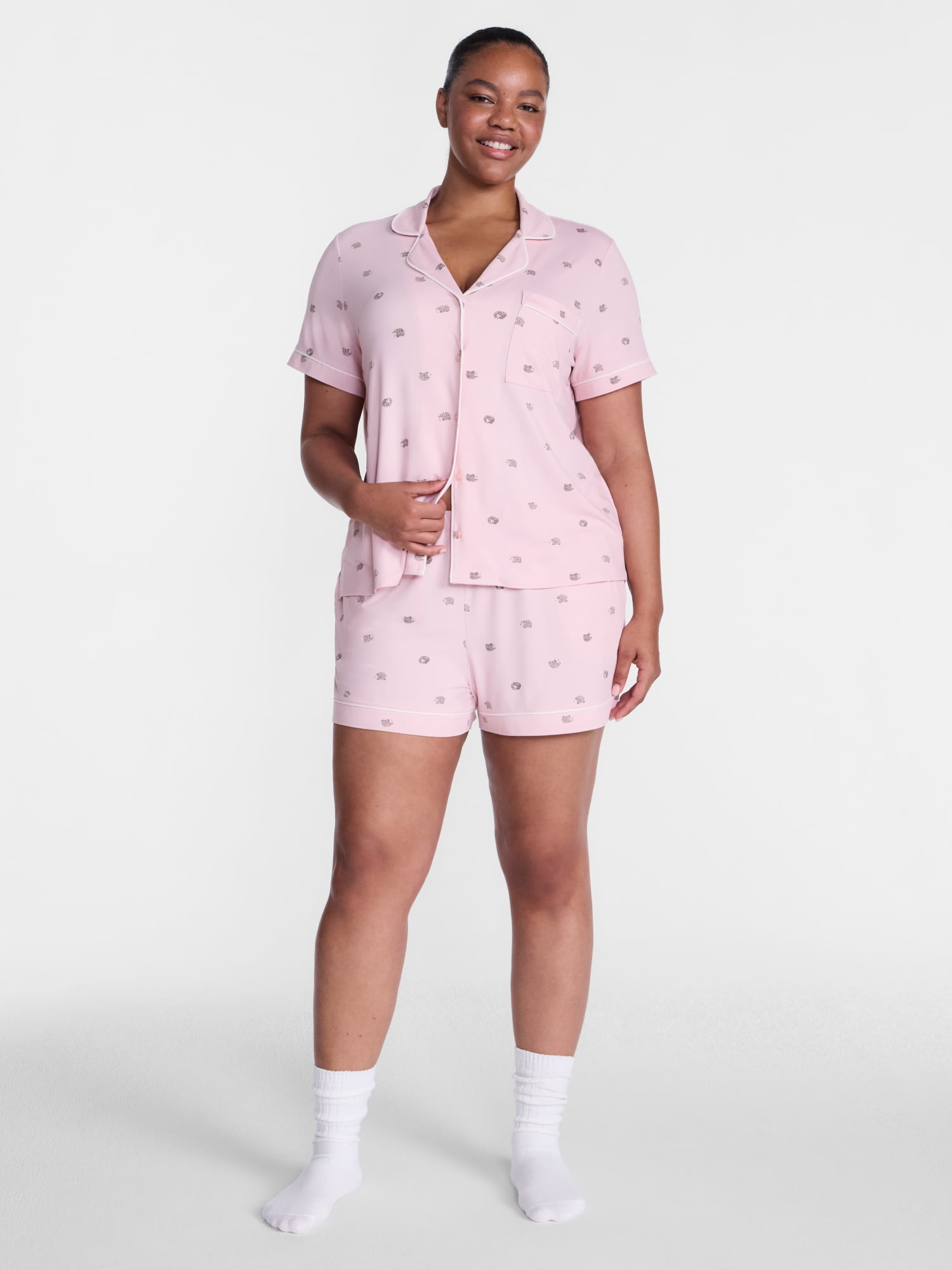 Joyspun Women’s Dreamy Soft Collection Notch Collar Knit Top and Boxer Shorts, 2-Piece Pajama Set, Sizes XS-3X