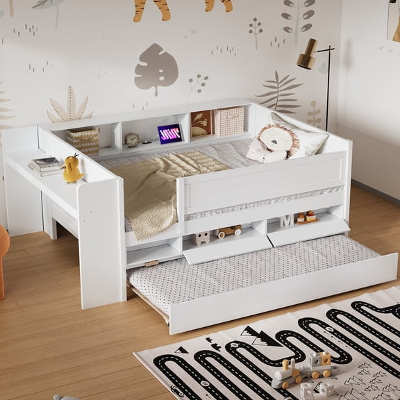 Noble House Twin Pine Wood Daybed with Pull-Out Trundle, Storage Headboard and Study Desk, Charging Station, White