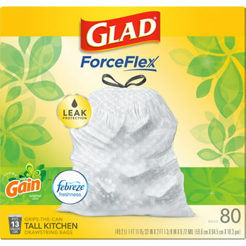 Glad ForceFlex 13-Gallon Tall Kitchen T Bags, Gain Scent with Febreze, 80 Bags