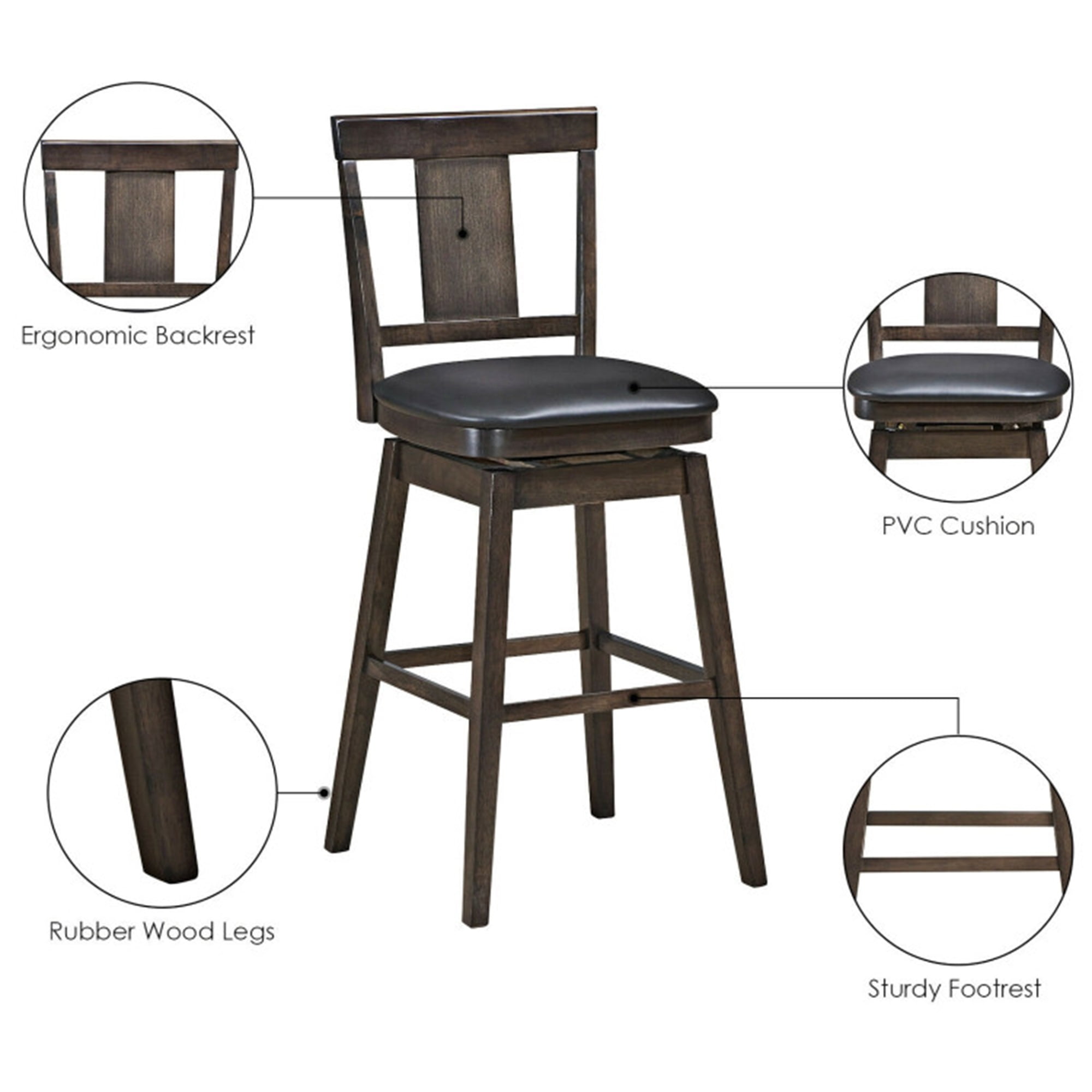Demi Bonn 29" Swivel Upholstered Counter Height Bar Stools with Rubber Wood Legs, Modern Dining Chair with Backrests, Black