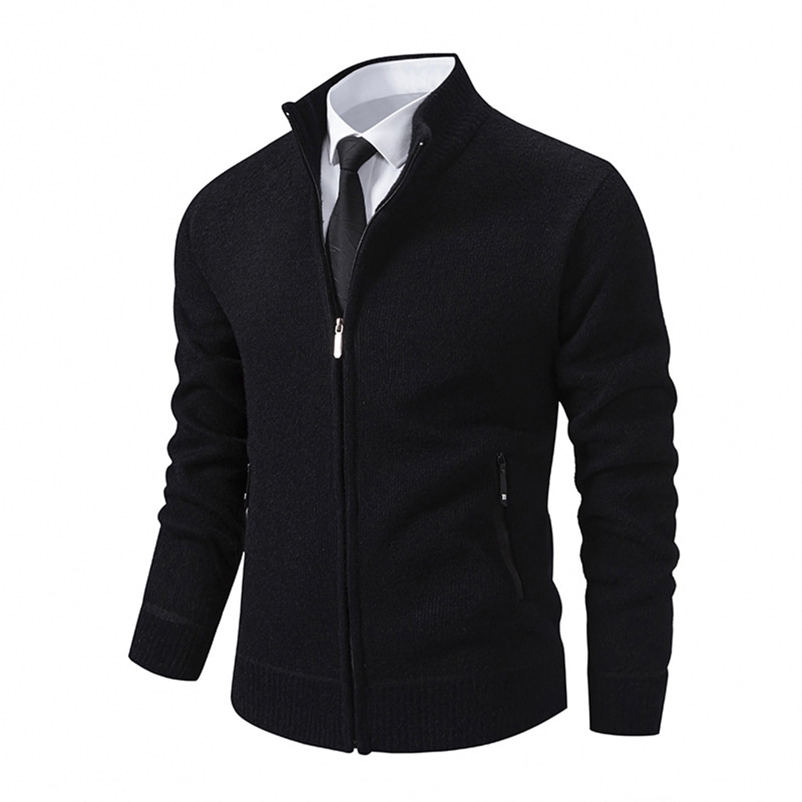 Xysaqa Mens Stand Neck Cardigan Sweater Slim Fitted Zip Up Knitted