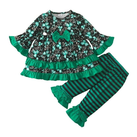 

Yidarton Girls skirt pants set 0-2 years old infant clover long-sleeved top striped flared pants two-piece set