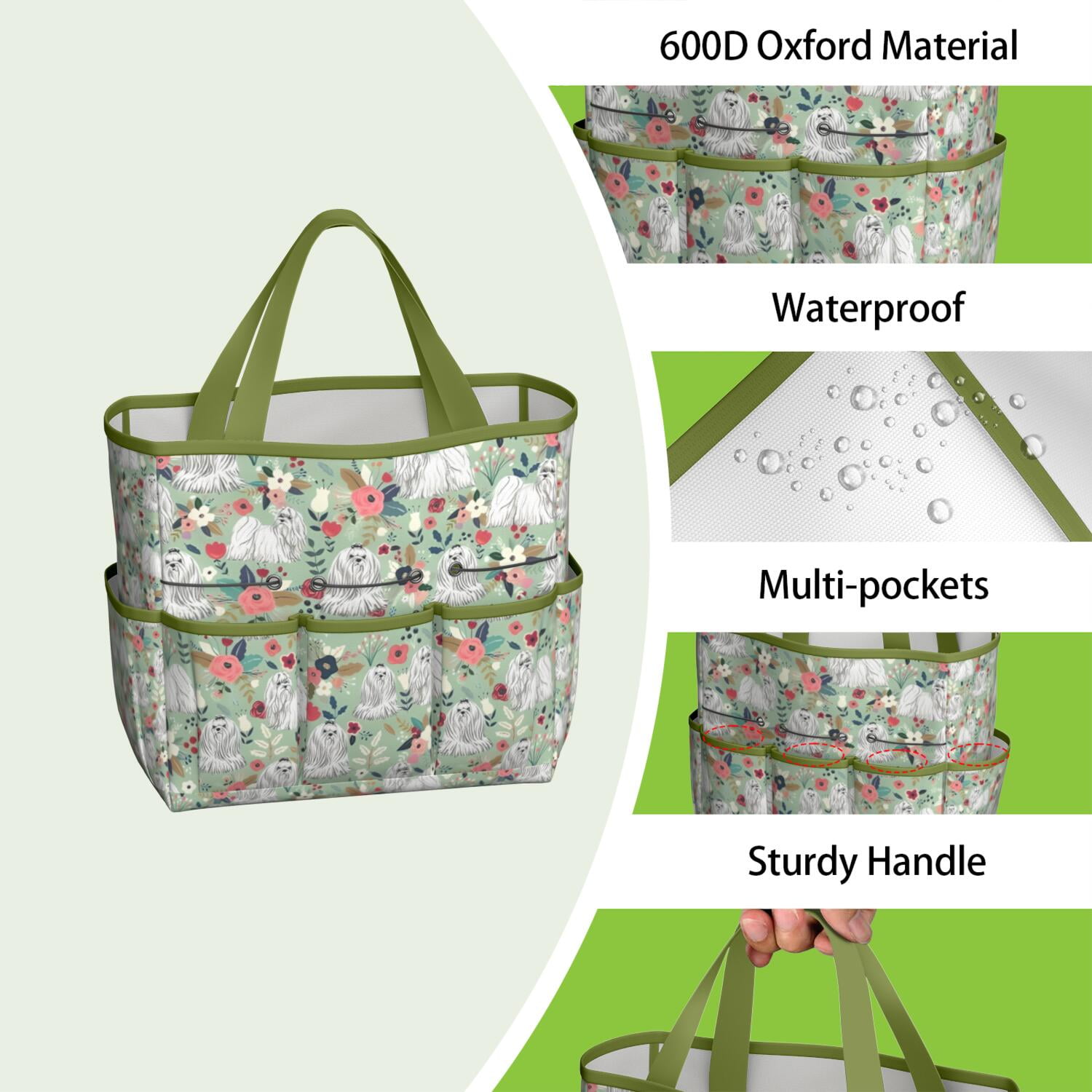 Garden Tool Bag,Maltese Dog and Flower Floral Garden Tool Organizer,Garden Gifts,Waterproof Multi-Pocket Garden Tool Storage 11.8x5.5x11.4 Inch(Tools NOT Included)