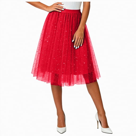 Rotm Sexy Skirt Skirts for Women Tulle Mesh Elastic Waist Pleated Mini Skirt Solid Color Tiered Party Trendy Tutus Red,M