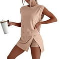 thumbnail image 2 of Womens Summer Vacation 2 Piece Outfits Lounge Sets Crew Neck Draped Sleeveless Top and Shorts With Slit Skirts Set Sweatsuits with Pockets (Khaki,M), 2 of 9