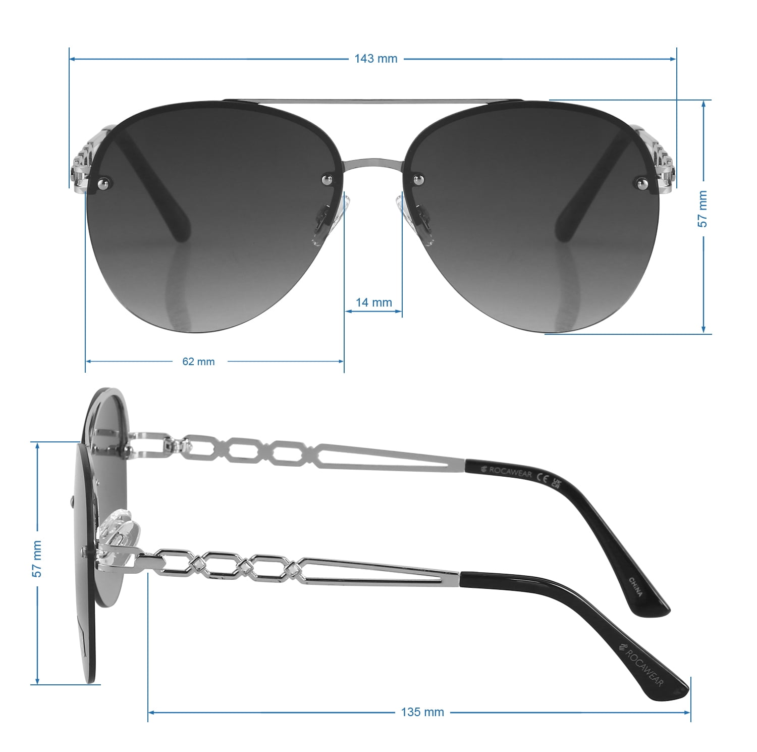 Rocawear Women's R3408 Semi Rimless Metal UV400 Protective Aviator Pilot Fashion Sunglasses, 62mm
