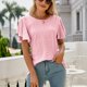 thumbnail image 5 of Camiseta de mujer con volantes de manga corta y cuello redondo ahuecada de Color puro blusa informal para mujer para citas en el trabajo diario, 5 of 8