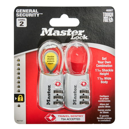 Master Lock Padlock 4688T Set Your Own Combination TSA Accepted Cable Luggage Lock, 1-3/16 in. Wide, Assorted Colors, 2