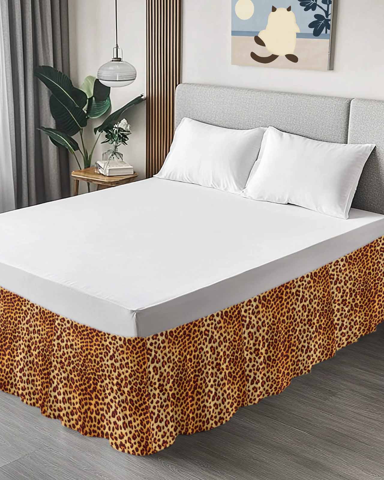 Wild Leopard Bed Skirt Animal Skin Pattern Vintage Leopard Bed Skirts Queen Size 16 Inch Drop, Wrap Around Dust Ruffle&nbsp;Bedskirt with Adjustable Elastic Belt for Queen Size Beds