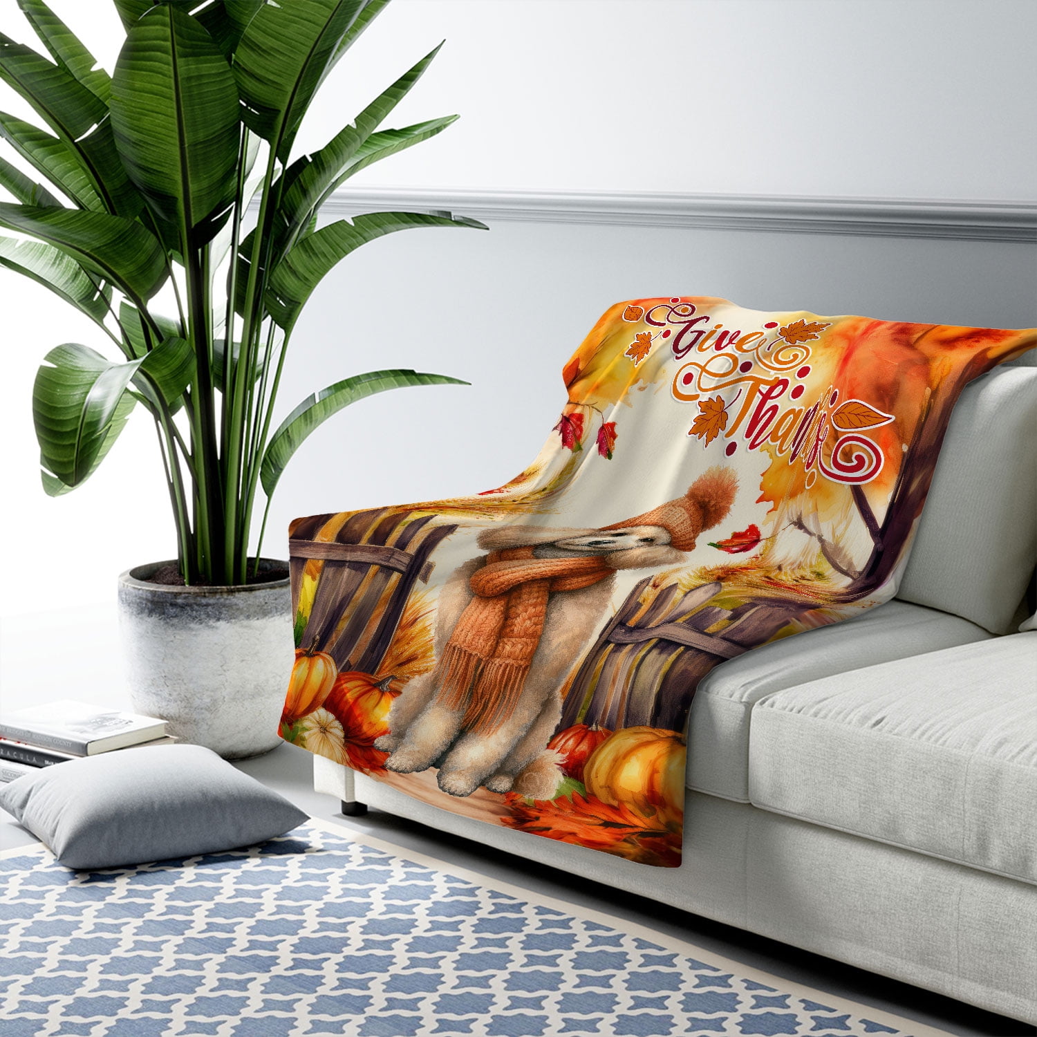 Happy Thanksgiving Poodle Give Thanks Fall Beanie Scarf Welcome Cozy Sherpa Blanket Poodles Dog Lover Gifts Idea Warm Soft Throw Blanket - 00020