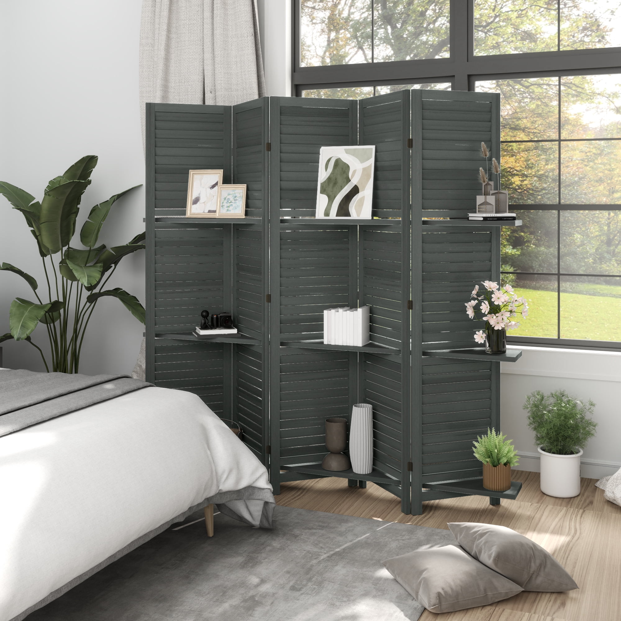 HOMCOM 5 Panel 67" Tall Wood Privacy Screen Room Divider with 3 Display Shelves, and Folding Storage for Bedroom or Home Office, Gray