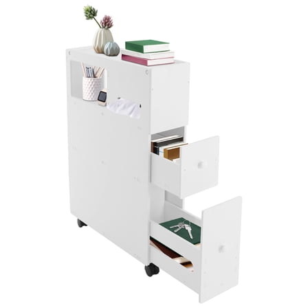 Miumaeov Bathroom Storage Cabinet Free Standing Toilet Side Cabinet with 2 Drawers & Wheels White