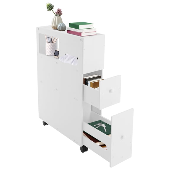 Miumaeov Bathroom Storage Cabinet Free Standing Toilet Side Cabinet with 2 Drawers & Wheels White
