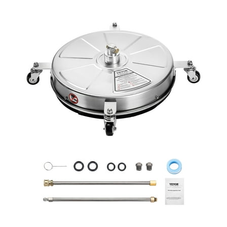 VEVOR 18" Pressure Washer Surface Cleaner, Stainless Steel Pressure Washer Attachments with 4 Wheels, 4000 Max PSI, 1/4 Quick Connector, 2 Spray Nozzles, 2 Extended Wands for Concrete, Patio, Deck