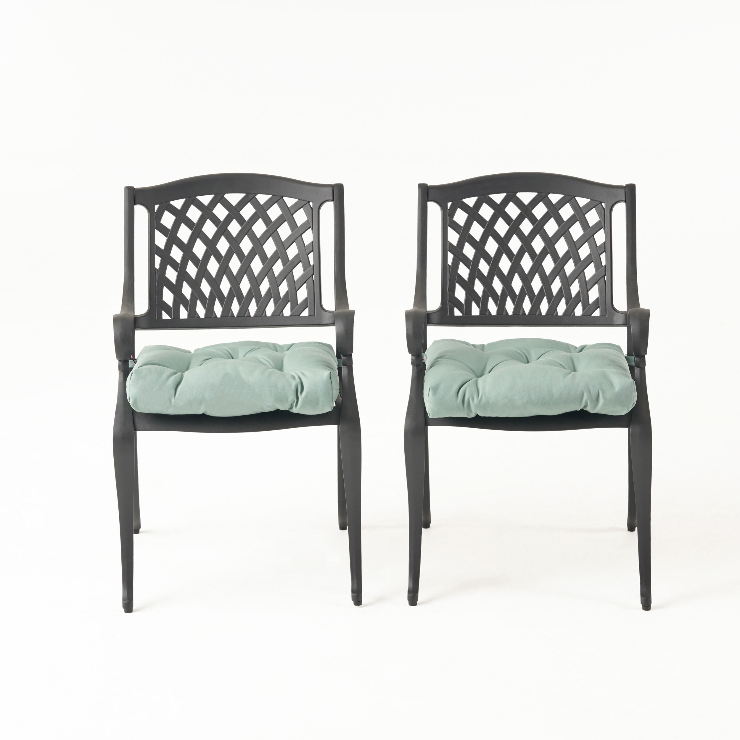 Kaleb Outdoor Cast Aluminum Dining Chair with Cushion, Set of 2, Antique Matte Black, Teal