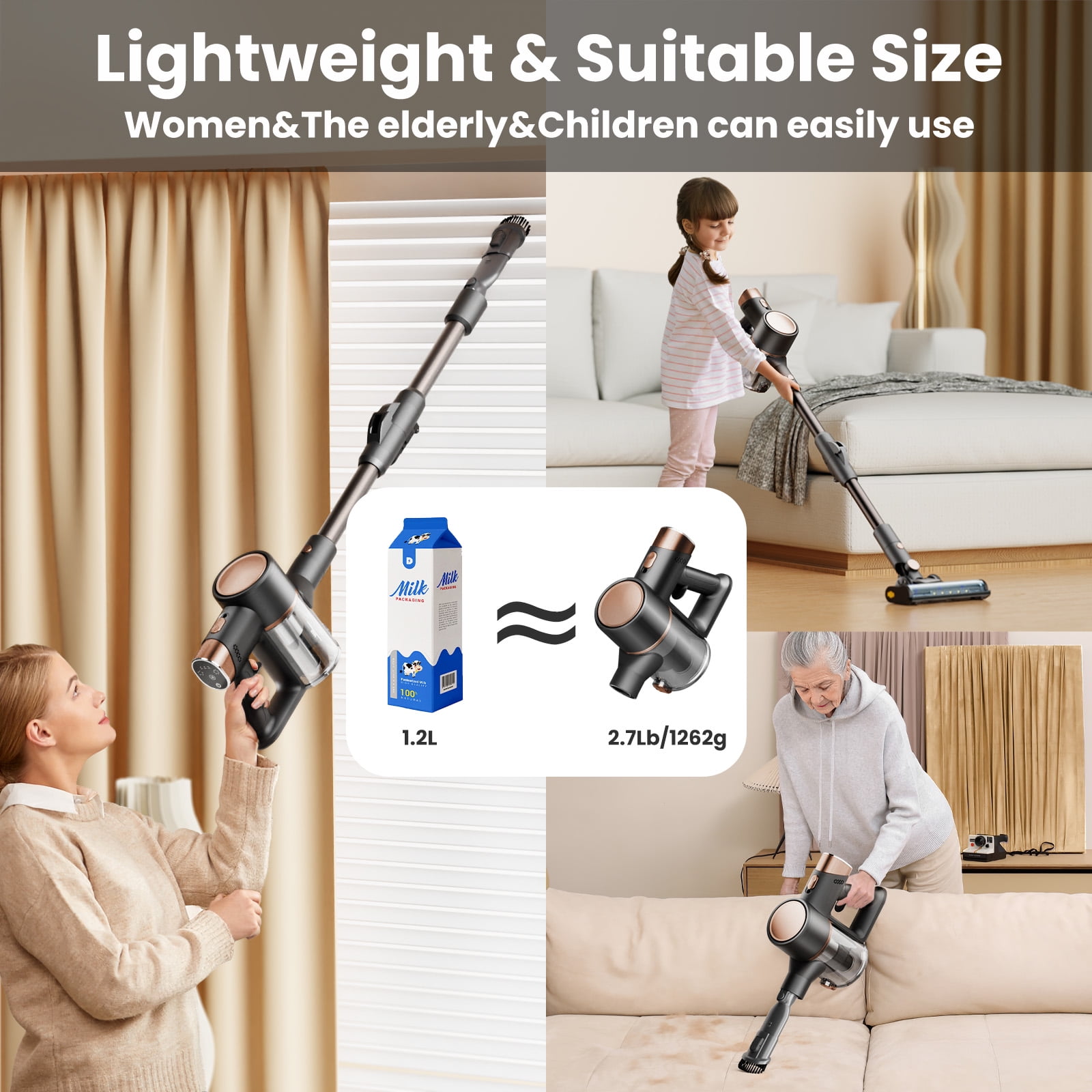 KISSAIR Cordless Vacuum Cleaner 50min 2200mah Lightweight 5.5lb Led Display Screen Stick Vacuum Cleaners for Home Hardwood Floor Carpet Pet Hair, Grey