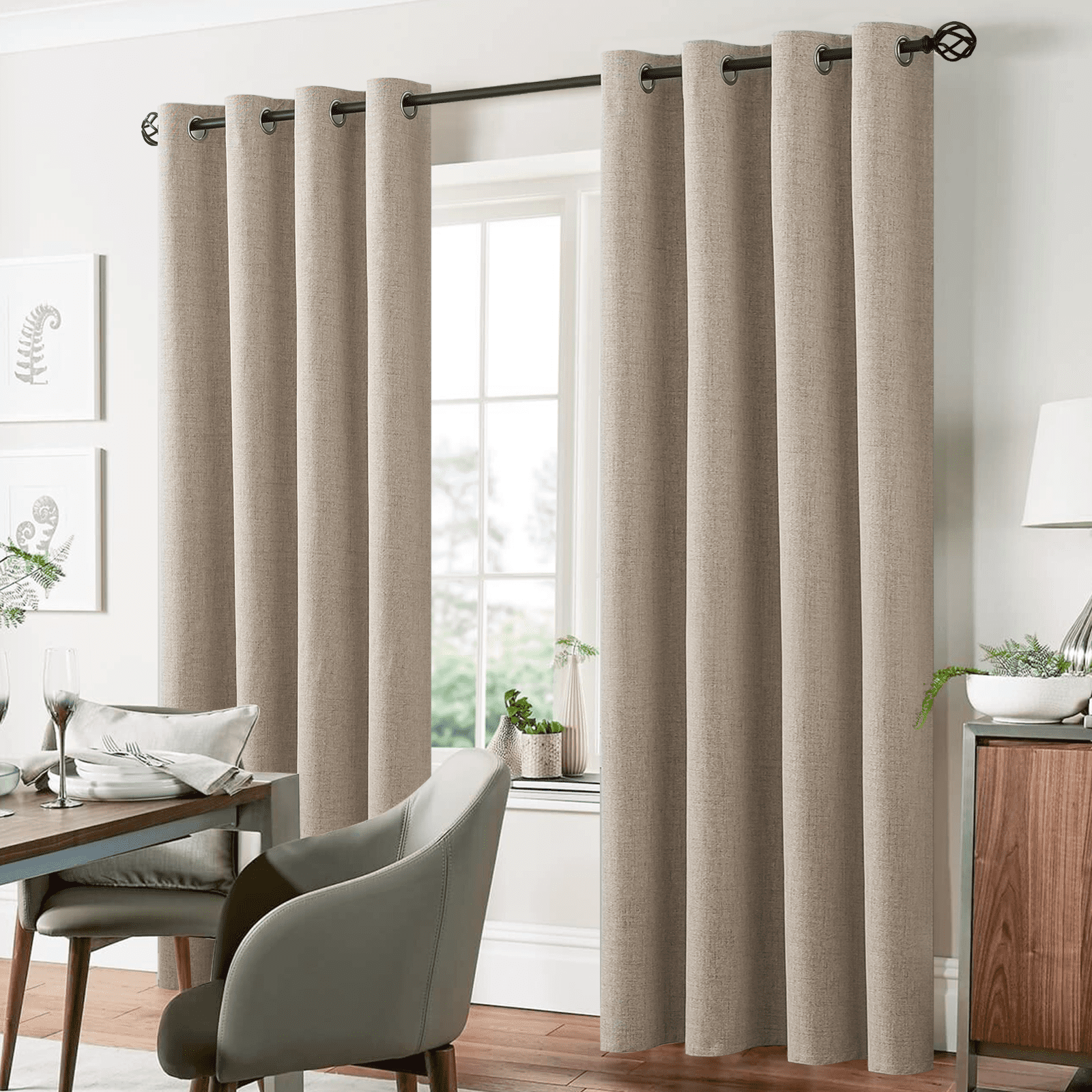 Yakamok Natural Linen Curtains 100% Blackout 96 Inches Long,Room Darkening Textured Curtains for Living Room Thermal Grommet Bedroom Curtains 2 Panels with Greyish White Liner