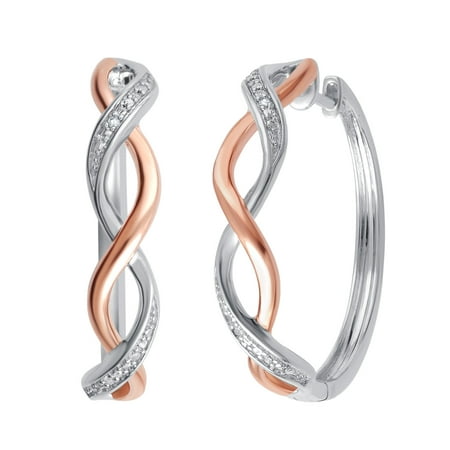 Genuine  0.02 Carat Natural Diamond Accent  Two Tone Twisted Hoop Earrings  In 14K Rose Gold Plated