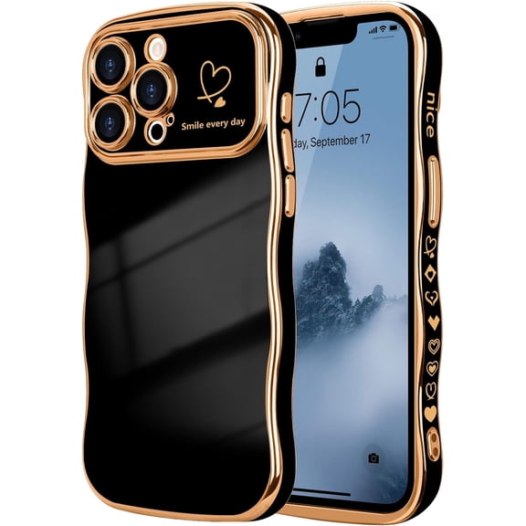 MYKOMI for iPhone 13 Pro Case for Women Girls, Cute Wave Frame Curly Shape with Love Heart Pattern Raised Camera Protection Cover Luxury Plating Shockproof Phone Case for iPhone 13 Pro
