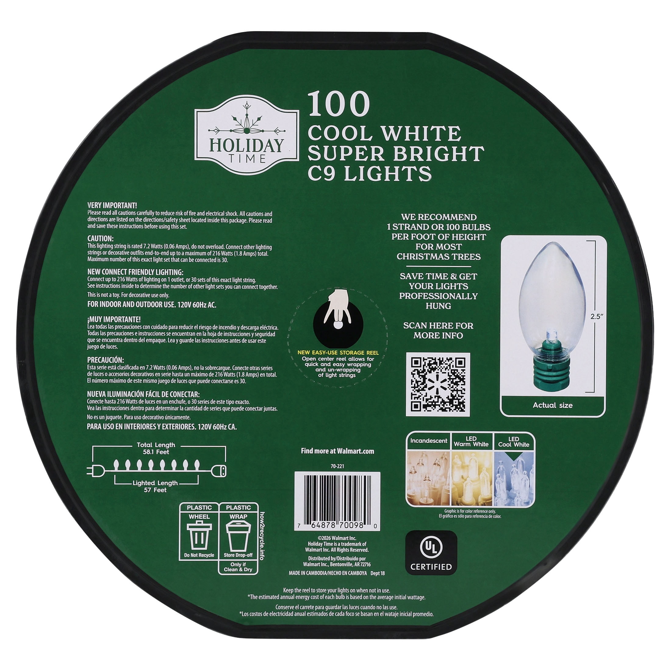 Indoor/Outdoor 100-Count LED Smooth C9 Christmas String Lights, Cool White, Green Wire, 57', by Holiday Time