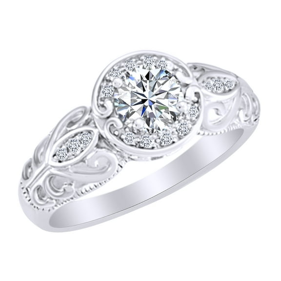 AFFY 5 mm Simulated Moissanite & 0.2 Ct White Natural Diamond Halo Engagement Ring in 14k White Gold Ring Size : 4
