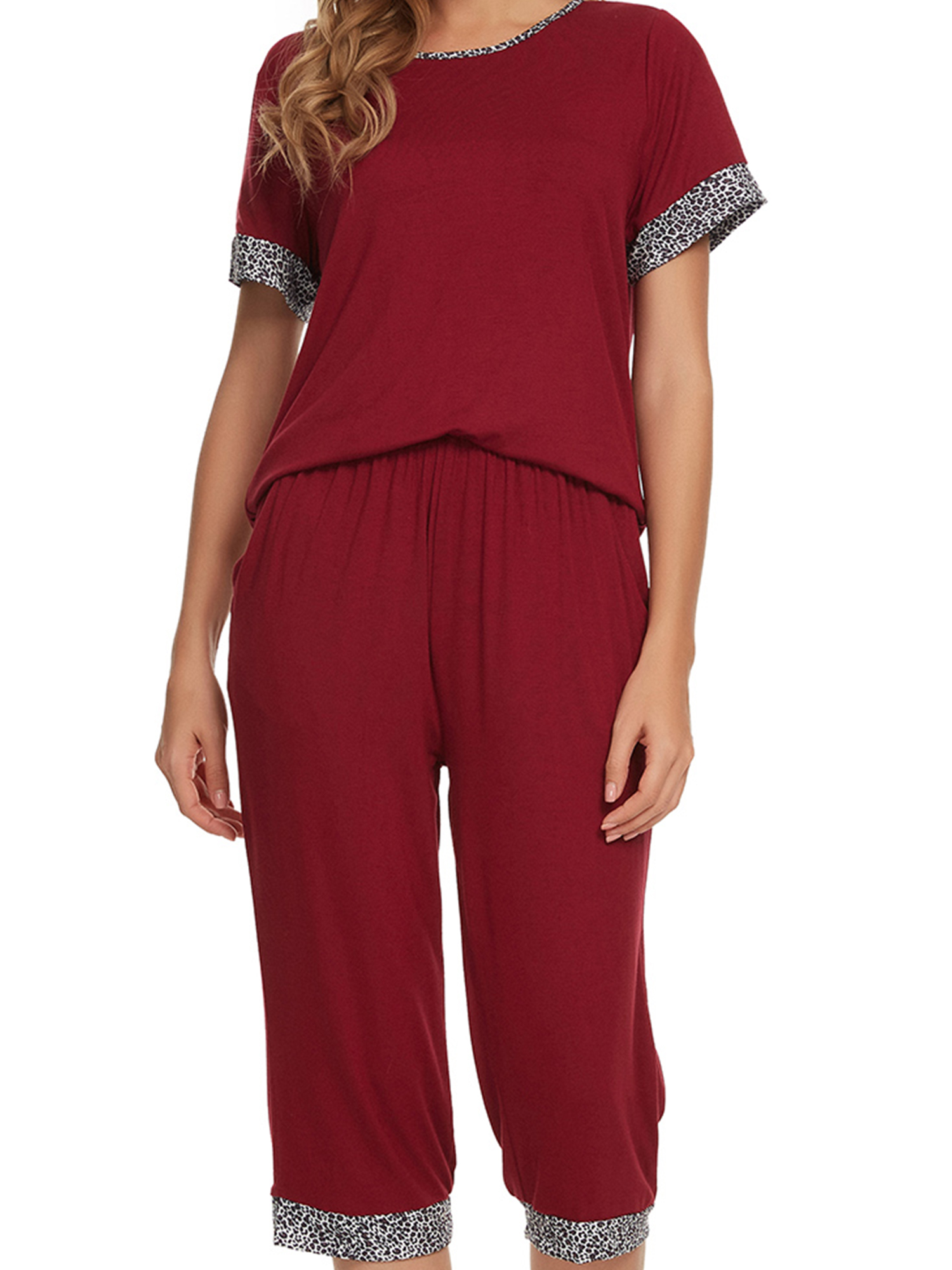 Unique Bargains Womens Pajama Set Round Neck with Capri Pants Pjs Lounge Sleepwear Sets