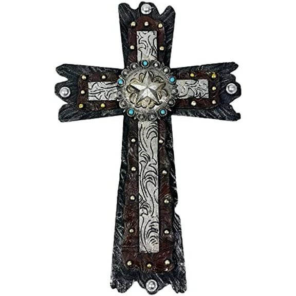 Urbalabs Western 12 Inch Wall Cross Silver Star Concho Studded Teal Stone Crosses Prayer Rustic Cowboy Religious Wall Hanging Cross Country Wall Decor Room Decoration Office Church Home (Silver Star)
