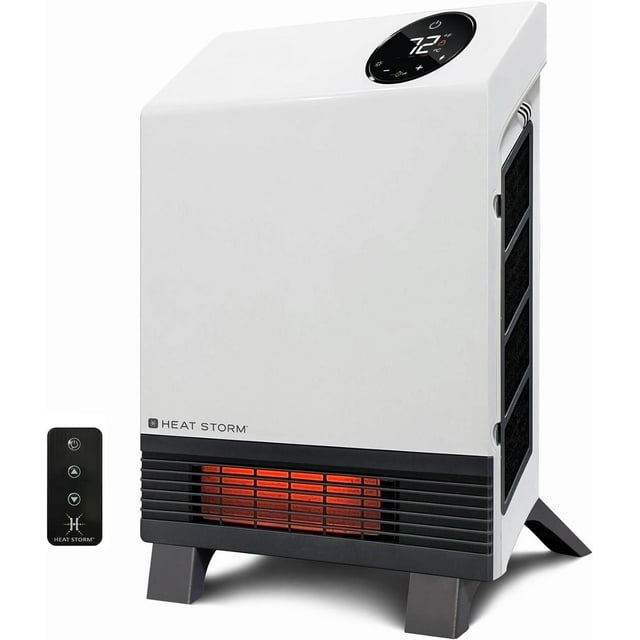 Heat Storm Wave infrared space heater in white and black with digital temperature display showing 72°F, glowing heating element, and included remote control
