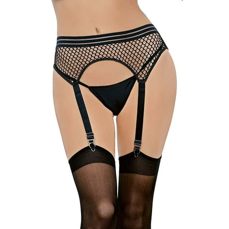 Womens Black Fishnet and Thong Garter Belt Stocking Lingerie Set- M/L