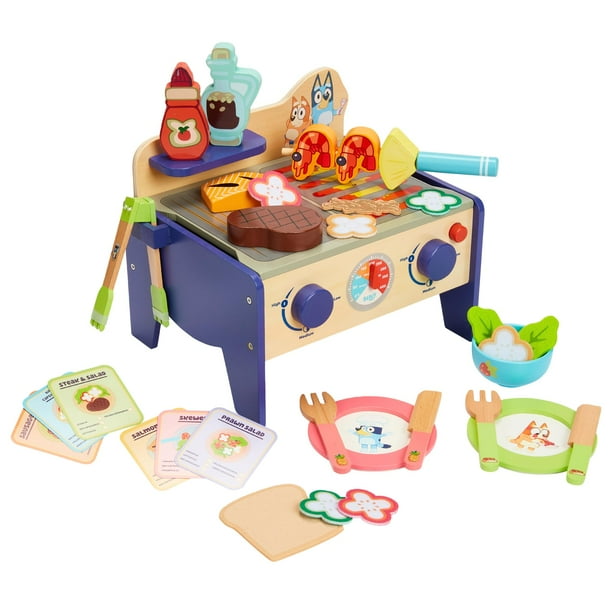 Juego de barbacoa y ensalada de madera Playset Bluey de 33 piezas para niños mayores de 3 años