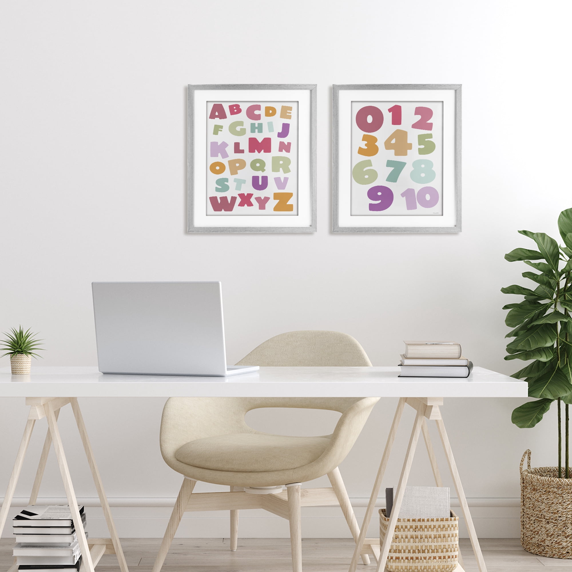 Stupell Industries Muted Letters & Numbers Educational 2 Piece Gray Framed Print Under Glass Set, design by Susan Ball