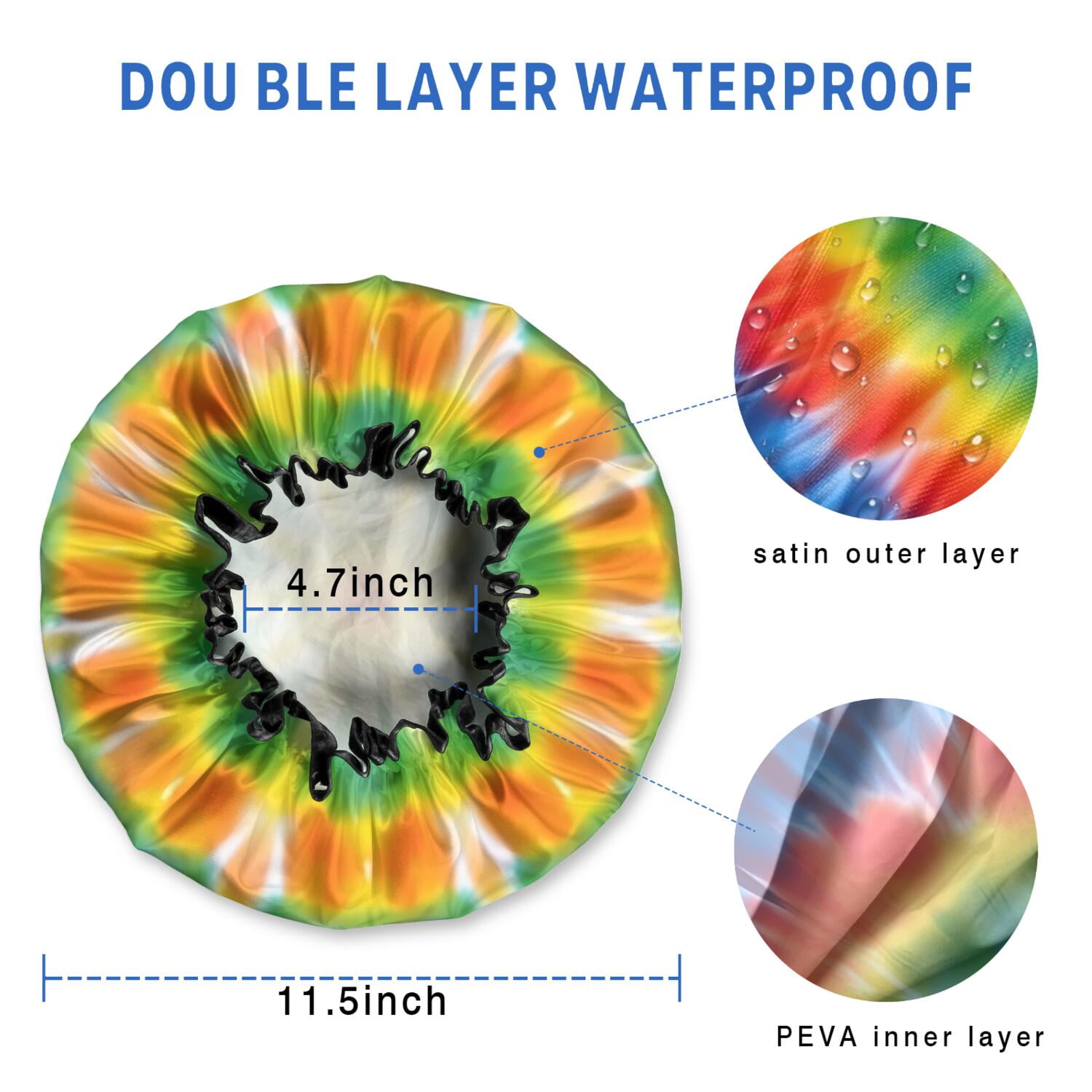 Shower Caps,Colorful Rainbow Tie Dye Spiral Pattern Waterproof Shower Cap for Women 4 Pieces,Double Reusable Hair Cover for Shower PEVA Elastic Stretch Hem