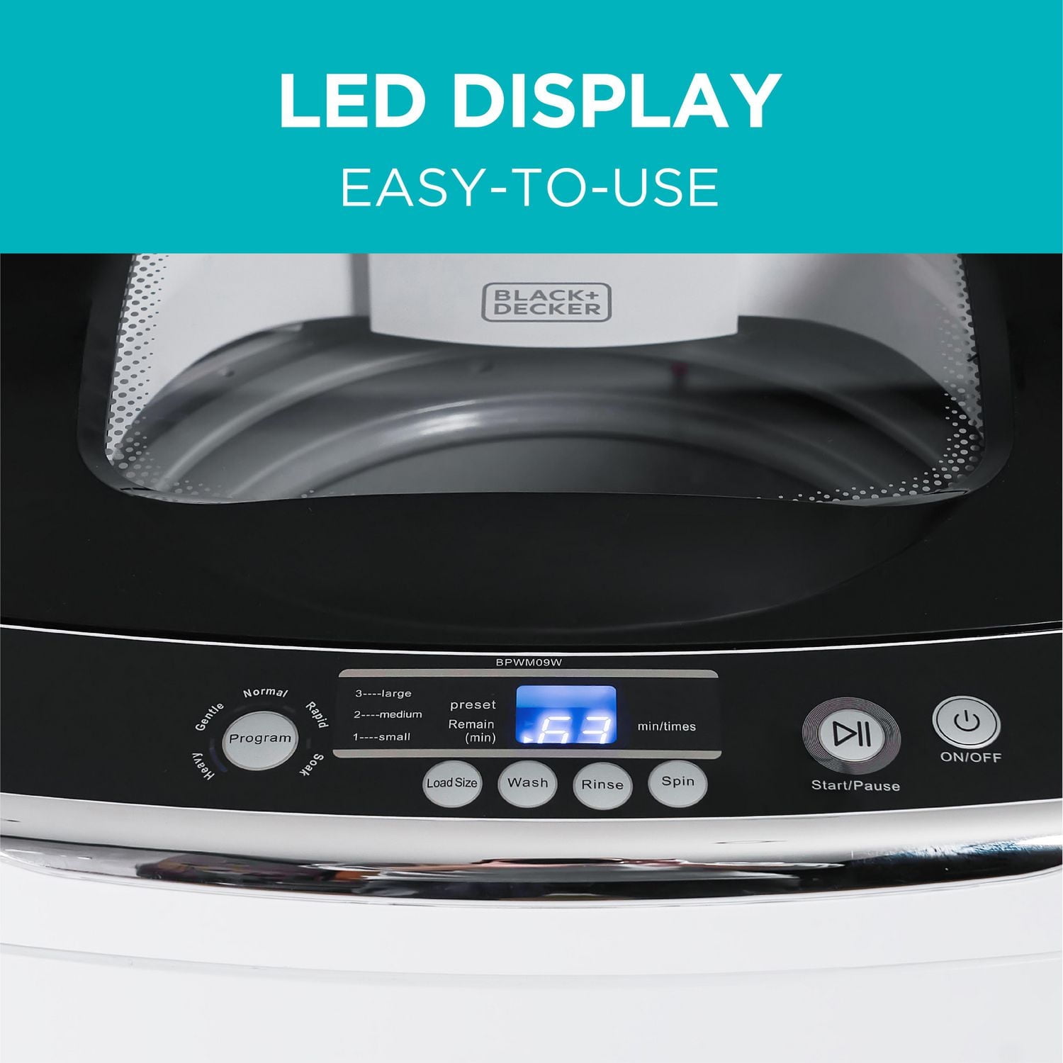 Black + Decker Petite laveuse portative, machine à laver à usage domestique, laveuse portative 0,9 Cu. Fort. avec 5 cycles, couvercle transparent et affichage LED
