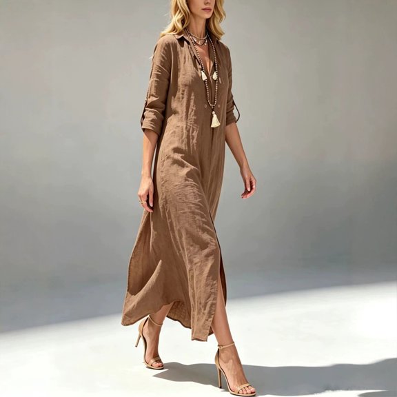 Morttic Women's Solid Color Lapel Button Front Maxi Shirt Dress – Mid Sleeve Roll-Up, Casual Summer Beach Vacation Dress Khaki,S
