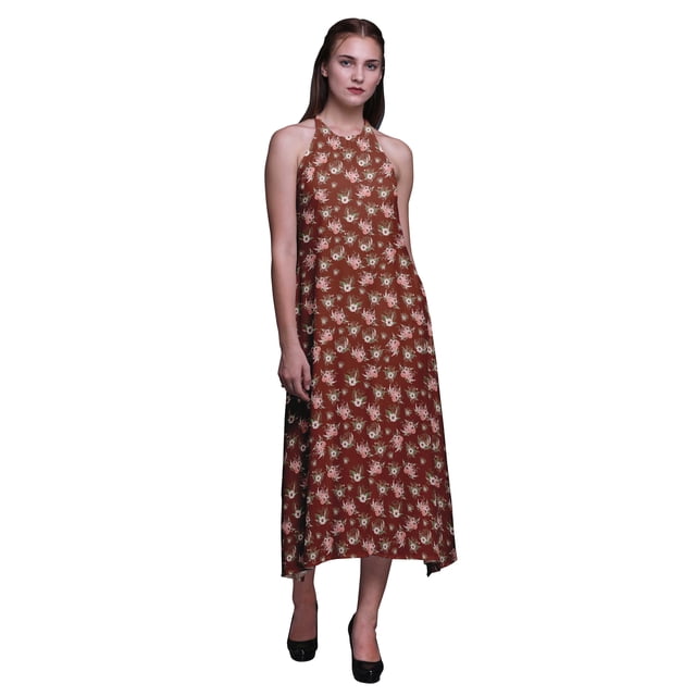 Bimba Robe de Plage d'Été pour Femmes à Imprimé Floral, Dos Nu, Col Licou – Très Petit