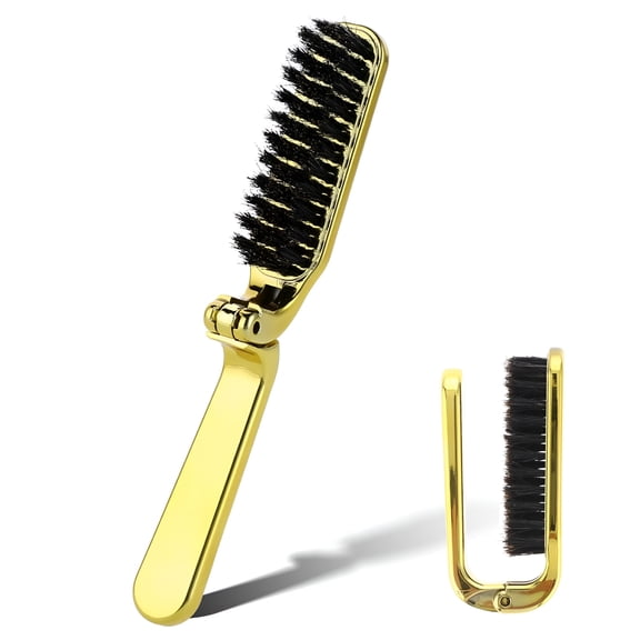RAGUPEL Foldable Boar Bristle Hair Brush, Small Folding Hairbrush Collapsible Hair Brush Anti-Static Range Hair Brush for Women, Portable Pocket Comb Hair Styling Tool, Beard Brush for Men (Gold)
