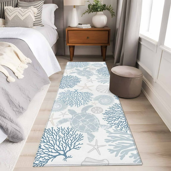 Blue Coastal Turtle Runner Rug 2x6 FT, Non Slip Hallway Carpet, Ocean Coral Nautical Washable Soft Floor Carpet Non-Shedding Throw Runner Carpet Long Rug for Entryway Kitchen Bedside Sliding Door